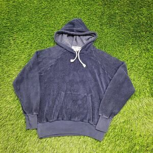 Vintage 90s MOD Velour Hooded Sweater Womens Medium 18x20 Blue